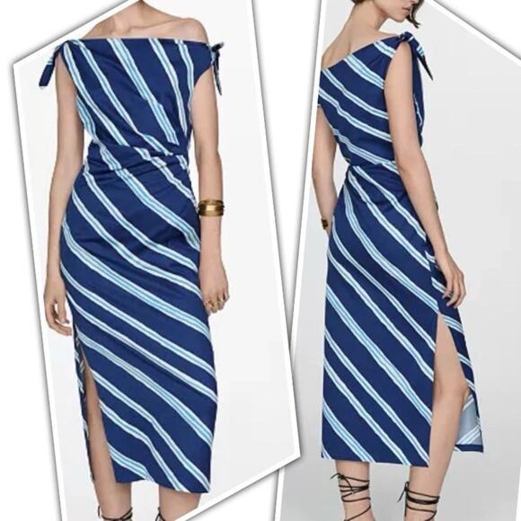 MNG Mango Summer Bare Shoulders Blue Stripe Dress size 14 - Picture 1 of 10